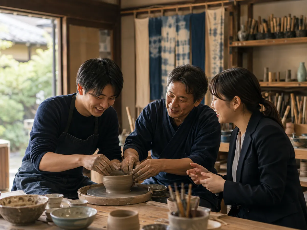 陶芸工房でろくろの手ほどきを受ける参加者と職人