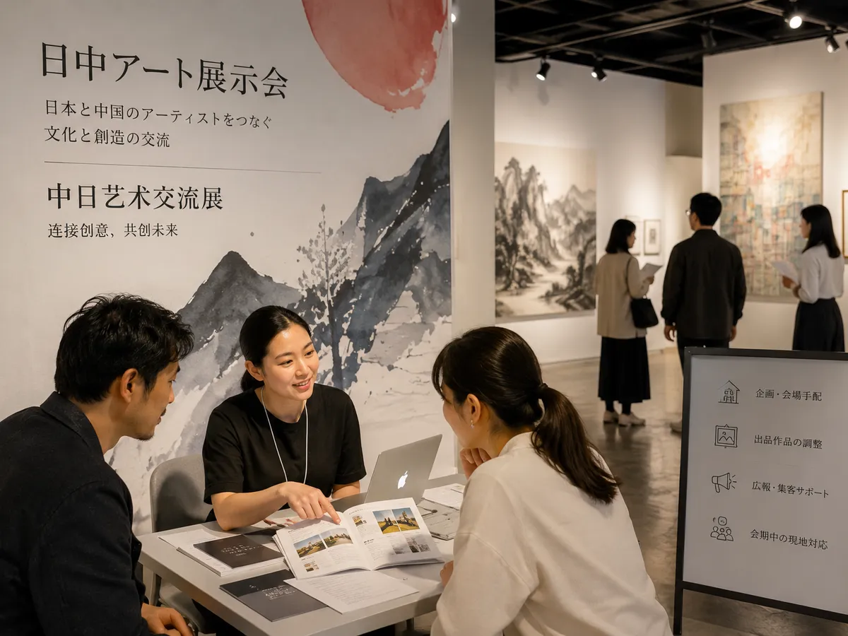 日中アート展示会の会場で打ち合わせをするスタッフ