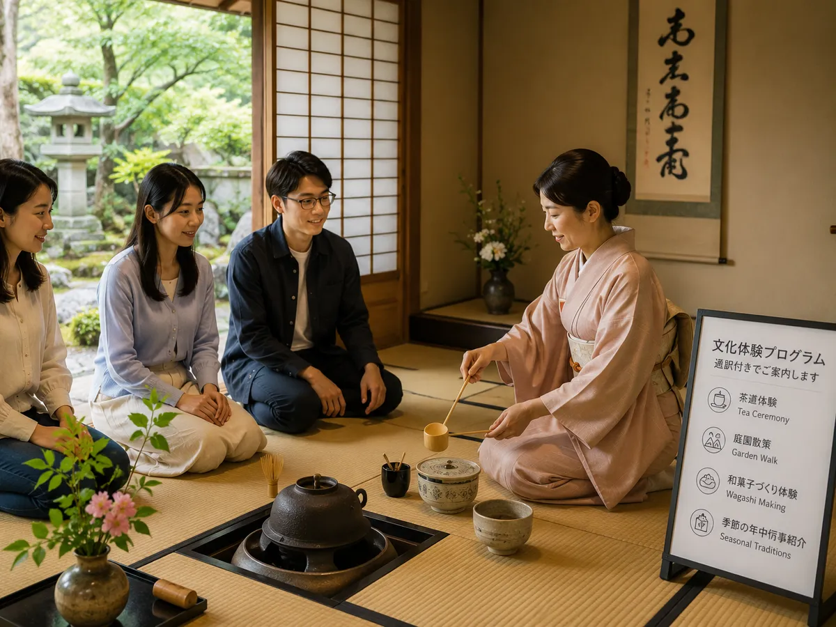 庭園に面した茶室で点前を見学する参加者