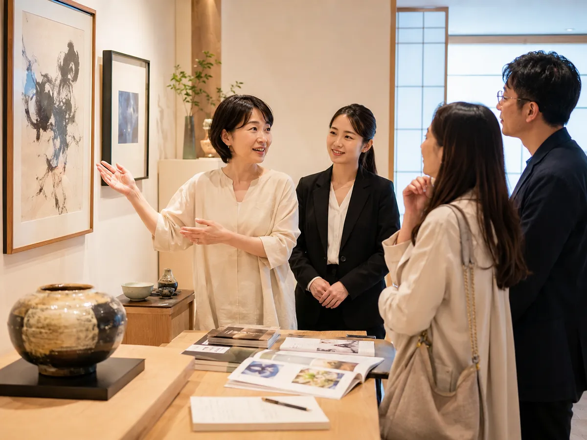 ギャラリーで作品の解説を聞く来場者