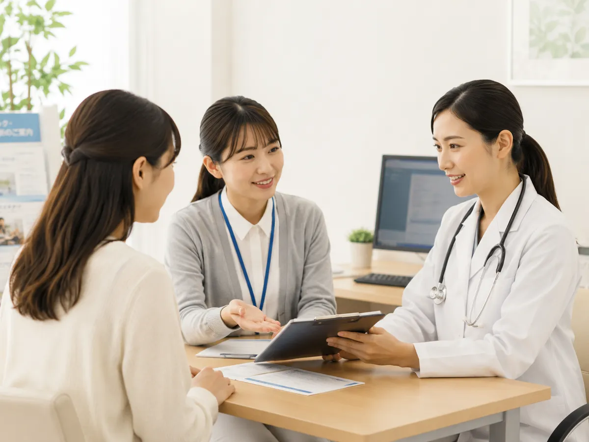 医師とスタッフから説明を受ける来院者